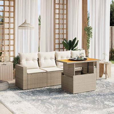 5-delige Loungeset met kussens poly rattan beige