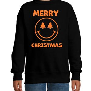 Kersttrui/sweater voor jongens/meisjes - Merry Christmas - zwart - smiley - glitter oranje