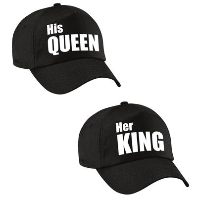 Her King en His Queen petten - zwart - voor volwassenen - Koningsdag - bruiloft - cadeau voor koppel Her King en His Queen petten - zwart - voor volwassenen - Koningsdag - bruiloft - cadeau voor koppel