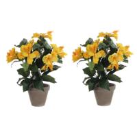 Mica Decorations Kunstplant Hibiscus - 2x stuks - geel - H40 x D30 cm - grijze pot