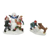 Lumineo kerstdorp figuurtjes - sneeuwpop en hondje - 4,5 x 6 x 5,5 cm - polyresin