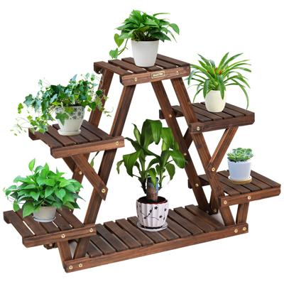 Houten Plantenstandaard Driehoekig Plantenrek voor 6 Potten 99 x 25 x 64,5 cm Bruin