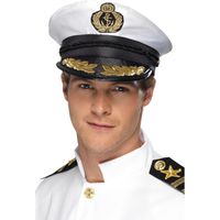 Luxe kapitein hoed wit met embleem - thumbnail