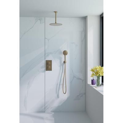 Fortifura Calvi Inbouw Regendoucheset - thermostatisch - plafondarm - 25cm hoofddouche - ronde handdouche - gladde doucheslang - Geborsteld Messing PVD (Goud) SW728176/ SW720555/ SW799449/ SW720557/ SW720569/
