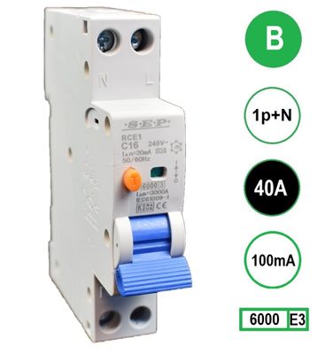 Aardlekautomaat 40A B Kar 100mA 2 polig 18mm breed Kema Keur 230V automaat en aardlek in een module