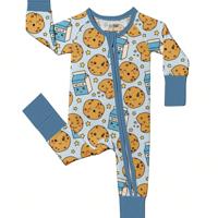 Baby Bamboo Fiber Zip-Up, Blue Milk Cookie Print Romper, All-Season Knit Fabric Skinny Fit With Zipper Detail, Boy Baby Clothes, Perfect For Outdoor Blue / 0-3M