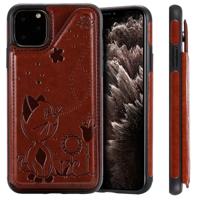 Voor iPhone 11 Pro Max kat Bee reliëf patroon schokbestendige beschermhoes met kaartsleuven & fotolijstjes (bruin)