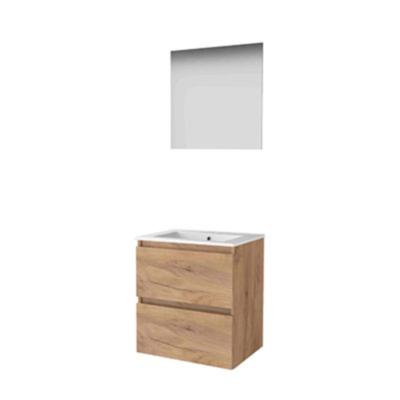 Basic-Line Ultimate 46 Badkamermeubelset - 60 x 46 cm - Greeploos - 2 Lades - Keramische Wastafel - 1 Kraangat - Spiegel met Indirecte LED Verlichting - Whisky Oak