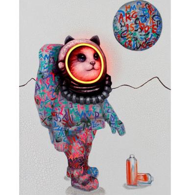 Muurschilderij (LED Neon) - &apos;Space Cat&apos; Small