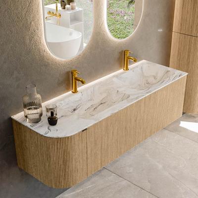 Badmeubel Mondiaz Kurve-Dlux | 145 cm | Meubelkleur Oak | Wastafelkleur Glace | Solid surface | Dubbele spoelbak | 2 kraangaten
