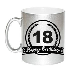 Happy Birthday 18 years zilveren cadeau mok / beker met wimpel 330 ml   -