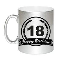Happy Birthday 18 years zilveren cadeau mok / beker met wimpel 330 ml   - - thumbnail