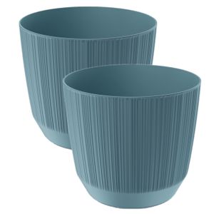 2x stuks moderne carf-stripe plantenpot/bloempot kunststof dia 13 cm/hoogte 11 cm stone blauw