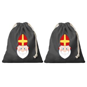 2x Canvas Sinterklaas strooizak / cadeauzakje zwart met koord 25 x 30 cm