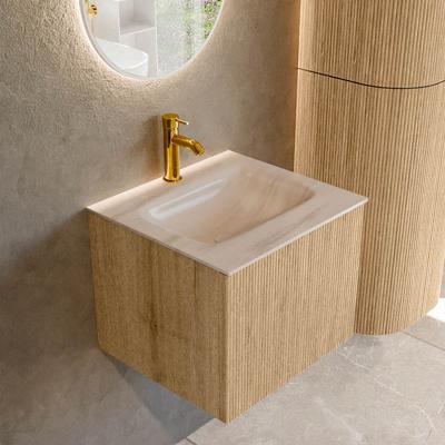 Badmeubel Mondiaz Kurve-Dlux | 50 cm | Meubelkleur Oak | Wastafelkleur Meli | Solid surface | Wasbak midden spoelbak | 1 kraangat