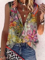 Casual Floral Sleeveless Stand Collar Printed Blouses