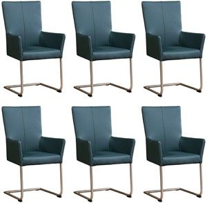 Set van 6 Blauwe leren industriële eetkamerstoelen Dry - poot rond rvs - Toledo Leer Whale (blauw leer)