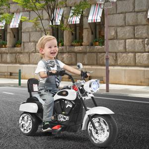 6 V Elektrische Motorfiets voor Kinderen met Verstelbare Koplamp Driewieler met Claxon Achteruitkijkspiegel Pedalen Wit + Zwart