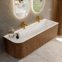 Mondiaz KURVE-DLUX 145 cm Onderkast Greeploos 1 Lade Met Deuren Walnut, Wastafel Solid Surface Rechts Ostra 2 Kraangaten Zonder Spiegel (KRVBGL145L1L1D2KR-Wal/Ost)