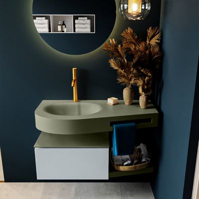 MONDIAZ RIVA 100cm badmeubel onderkast / planchet kleur Clay met 1 lade. Wastafel DULCET links 1 kraangat kleur Army. MONDIAZ RIVA 100cm badmeubel onderkast / planchet kleur Clay met 1 lade. Wastafel DULCET links 1 kraangat kleur Army.