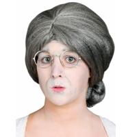 Grijze oma carnaval verkleed pruik met knotje - dames pruiken - grijs haar Grijze oma carnaval verkleed pruik met knotje - dames pruiken - grijs haar