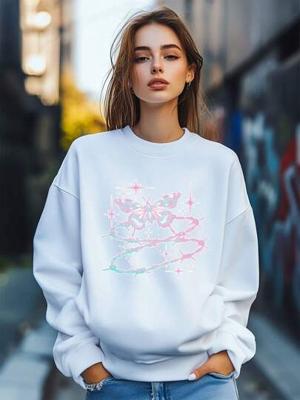 Bon&Bon Women's Butterfly Heart Print Sweatshirt - Loose Crew Neck Pullover White / M