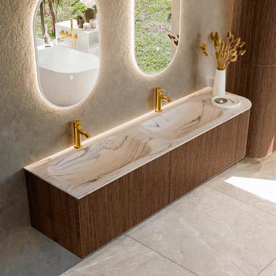 Badmeubel Mondiaz Kurve-Dlux | 175 cm | Meubelkleur Walnut | Wastafelkleur Nata | Solid surface | Dubbel / Links spoelbak | 2 kraangaten