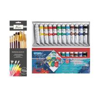 Acrylverf schilderset - 12x gekleurde tubes van 12 ml - met 10x schilderpenselen - kids/adults