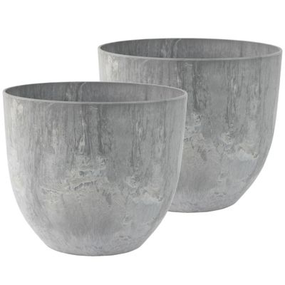 2x stuks bloempot/plantenpot van gerecycled kunststof betongrijs D28 en H24 cm