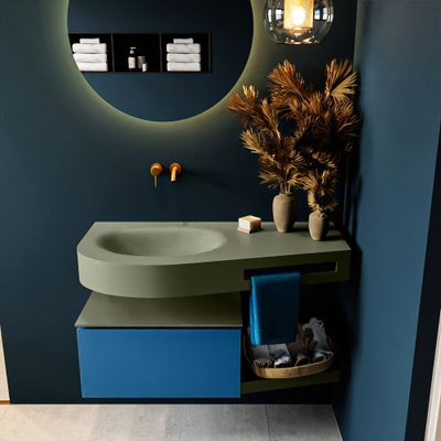 MONDIAZ RIVA 100cm badmeubel onderkast / planchet kleur Jeans met 1 lade. Wastafel DULCET links 0 kraangaten kleur Army.