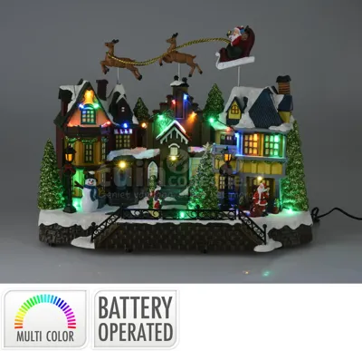Kersttafereel Huizen met Slee LED, Muziek en Beweging