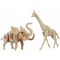 Houten 3D dieren puzzel bouwpakket set Olifant en Giraffe - thumbnail