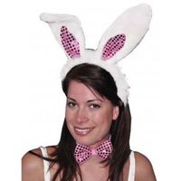Hazen/konijnen witte oren diadeem met roze strik   - - thumbnail