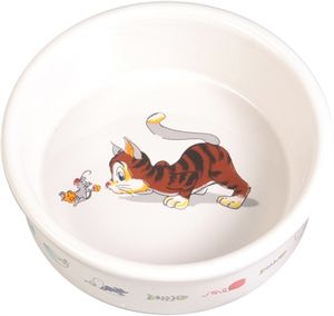 TRIXIE VOERBAK / WATERBAK STRIPKAT MET MUIS KERAMIEK WIT 12 CM 200 ML 4 ST