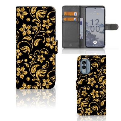 Nokia X30 Hoesje Gouden Bloemen | Portemonnee hoesje Nokia X30 Hoesje Gouden Bloemen | Portemonnee hoesje