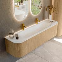 Mondiaz KURVE-DLUX 170 cm Onderkast Greeploos 1 Lade Met Deuren Oak, Wastafel Solid Surface Midden Opalo 2 Kraangaten Zonder Spiegel (KRVBGL170L+R1L2D2KM-Oak/Opa)