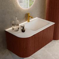 Badmeubel Mondiaz Kurve | 85 cm cm | Meubelkleur Ruby | Wastafelkleur Talc | Solid surface | Wasbak rechter zijde spoelbak | 1 kraangat