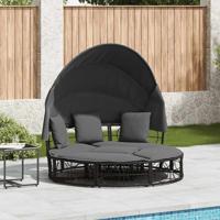 Loungebed met luifel en kussens poly rattan zwart Loungebed met luifel en kussens poly rattan zwart