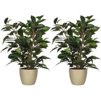 2x stuks groene ficus kunstplant 40 cm met plantenpot parelgoud D13.5 en H12.5 cm - thumbnail