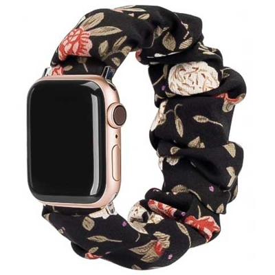 Apple Watch Nylon Scrunchie Band - Bloemen Zwart - 44, 45, 46 & 49mm - SM Apple Watch Nylon Scrunchie Band - Bloemen Zwart - 44, 45, 46 & 49mm - SM