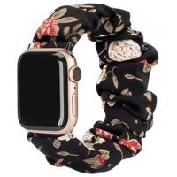 Apple Watch Nylon Scrunchie Band - Bloemen Zwart - 44, 45, 46 & 49mm - SM