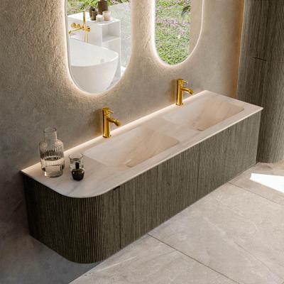 Badmeubel Mondiaz Kurve-Dlux | 155 cm | Meubelkleur Shadow | Wastafelkleur Meli | Solid surface | Dubbel / Rechts spoelbak | 2 kraangaten