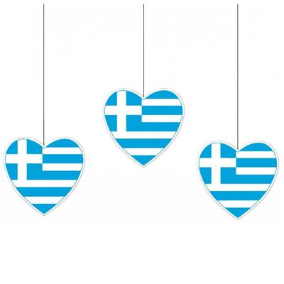 Hangdecoratie Griekenland hart - 3x - 14 cm - papier - brandvertragend - Griekse vlag