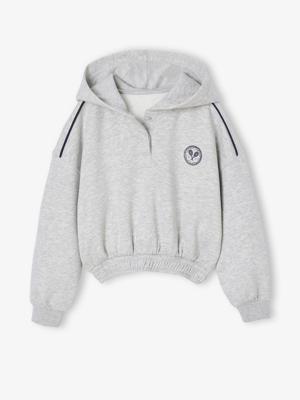 Korte sportieve sweater met capuchon voor meisjes gemêleerd grijs