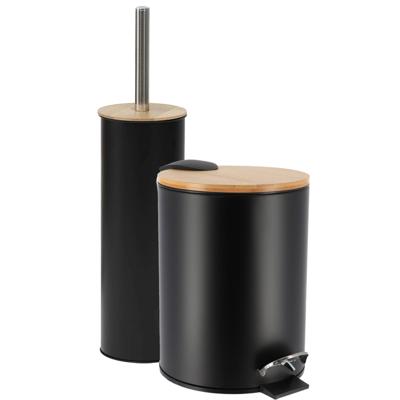 Tendance Badkamerset prullenbak en toiletborstel - Bamboo vibe - soft close - zwart - 3 liter - meta