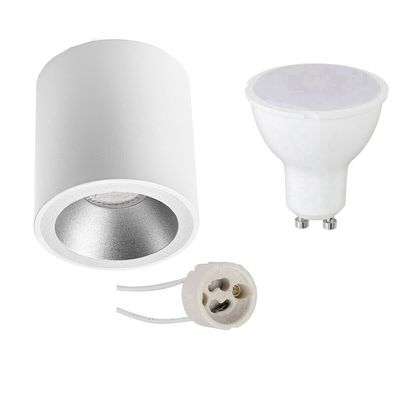 Opbouwspot Set - Aigi - Pragmi Cliron Pro - GU10 Fitting - Opbouw Rond - Mat Wit/Zilver - 8W - Warm Wit 3000K - Verdiept - Ø90mm
