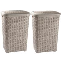 Plasticforte Wasmand met deksel - 2x - 60 liter - taupe - rotan - kunststof - L35 x B43 x H62 cm