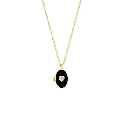 Verguld Zilveren Ketting - Hartje Zirkonia & Onyx Medaillon - 42+3 cm
