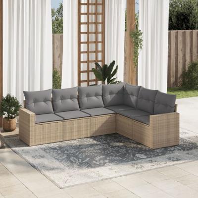 6-delige Loungeset met kussens poly rattan beige