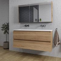 Saniclass Chaci Badkamermeubelset - 120x46x55cm - keramische wastafel wit - 2 wasbakken - zonder kraangaten - 2 lades - spiegelkast - eiken SW1212781/SW1212818/SW812072/SW773928